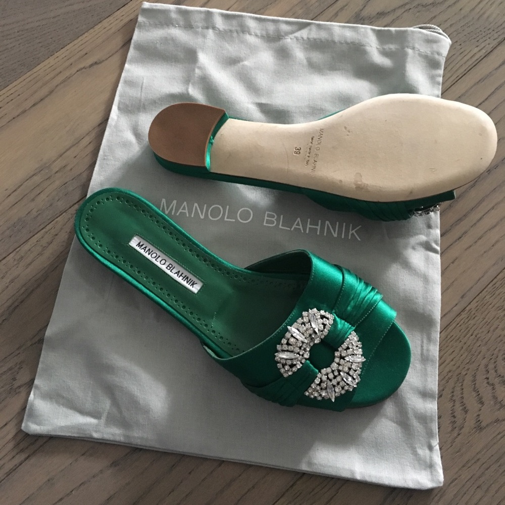 Manolo Blahnik pralina satin Emerald Green slides